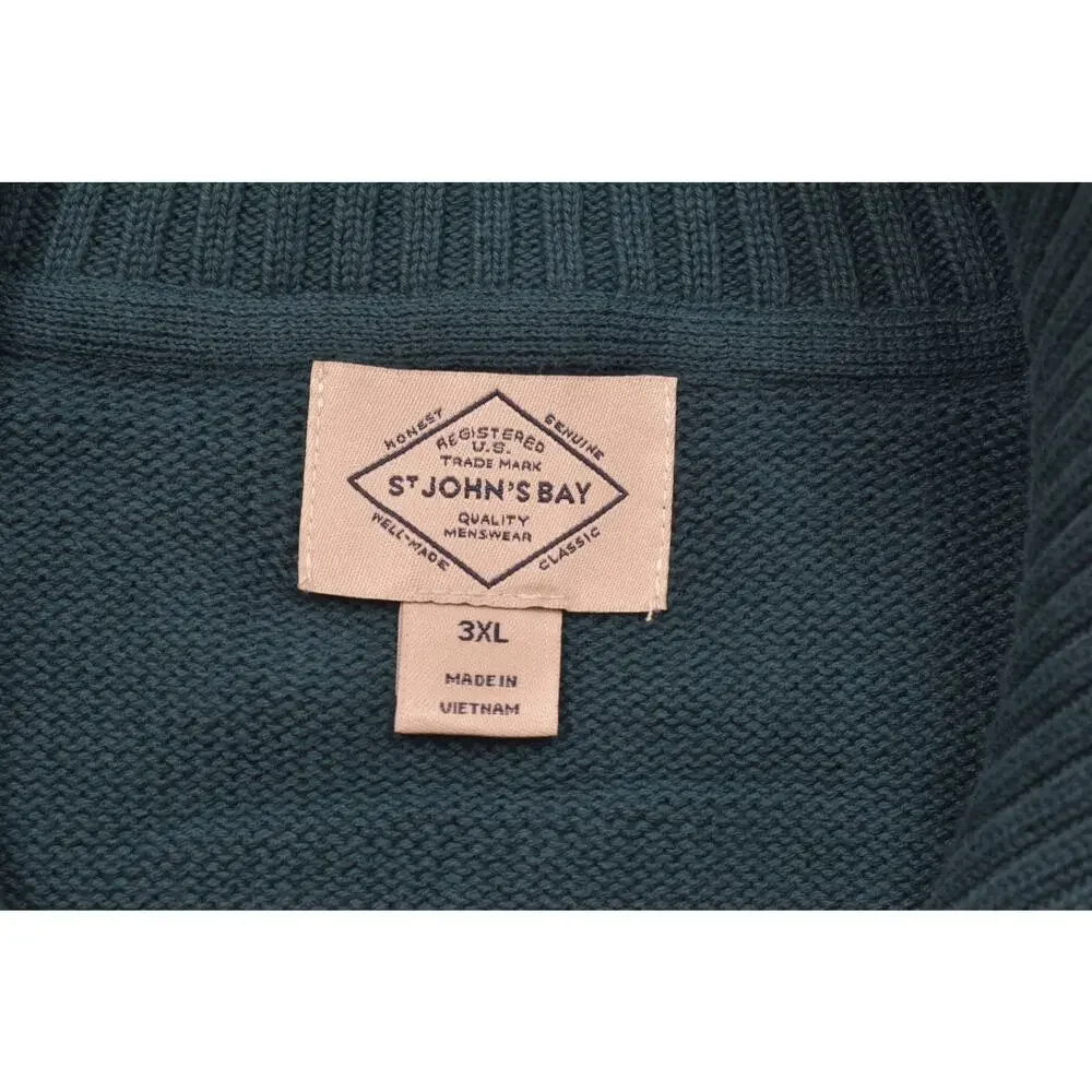 St. John's Bay 3XL Mens Quarter Zip Pullover Sweater Teal Green 100% Cotton Big